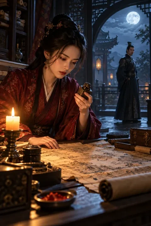 古装权谋题材插画：烛光下查看印章的古装女匠人